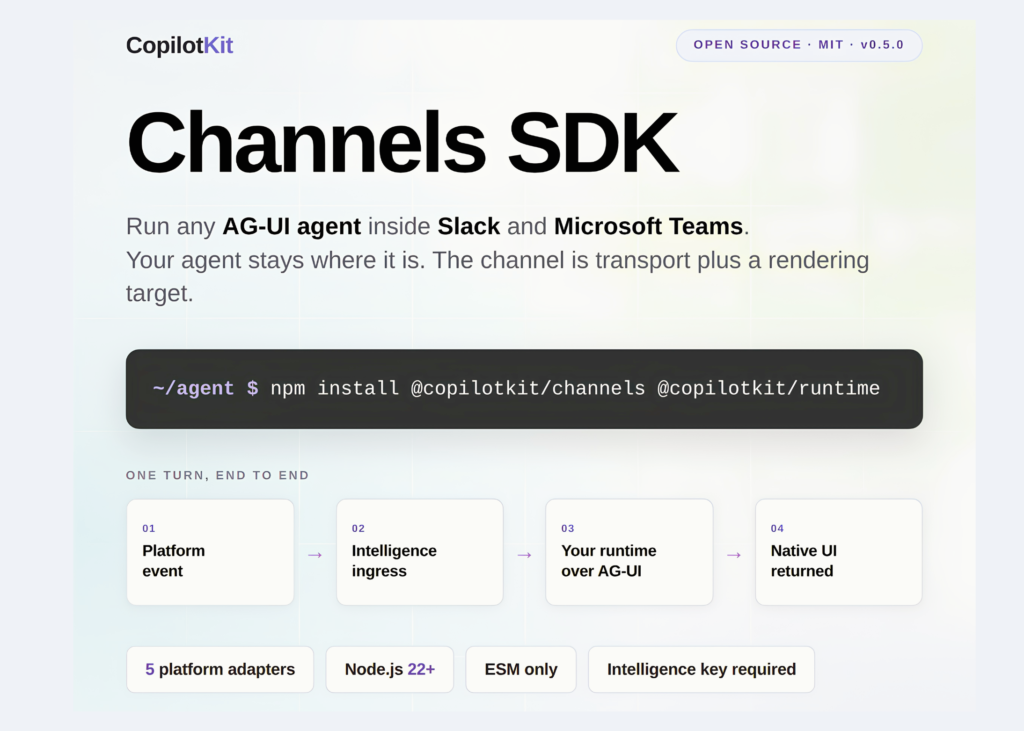 copilotkit-open-sources-channels-sdk:-an-mit-licensed-library-that-runs-any-ag-ui-agent-inside-slack-and-microsoft-teams