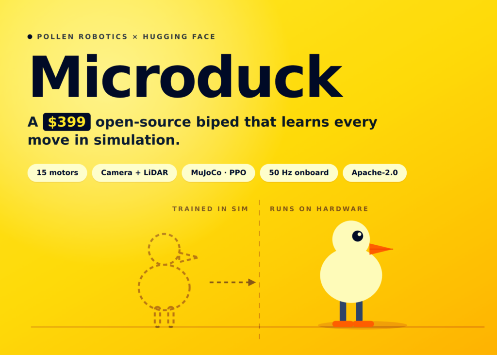 hugging-face-unveils-microduck:-a-$399-open-source-25-cm-biped-you-train-with-reinforcement-learning